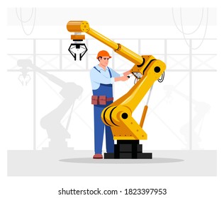 Robotics expertos en ilustración vectorial plana. Mantenimiento industrial. Reparación automática de la mano de la máquina en fábrica. Trabajador manual masculino en el personaje de dibujos animados 2D para uso comercial