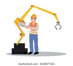 Especialista em robótica em um cenário industrial, ilustração vetorial plana.