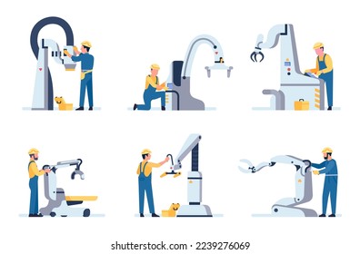 Robotikexperten reparieren. Wartung der Sicherheitsgurte. Maschine zum Befestigen von Arbeitskräften. Automatisierte Fertigung Reparateur für Industrieproduktion Vektorgrafik