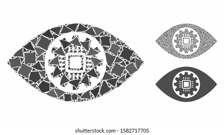 Robotics eye lens mosaic of irregular parts in different sizes and color tinges, based on robotics eye lens icon. Vector ragged parts are combined into mosaic.