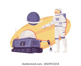Robótica composición plana con imágenes de rover automatizado con brazo de manipulatador y astronauta con ilustración de vector planetario