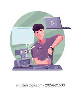 Composición plana de la robótica con carácter masculino del joven entusiasta ensamblando ilustración de vector robot