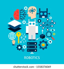 Robotics Flat Concept. Vector Illustration of Technology Infographics Circle with Objects.