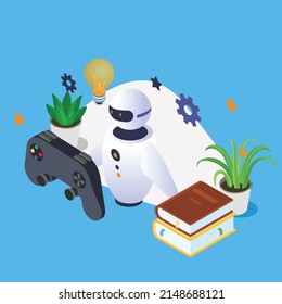 Robotics game - Robot with joystick and stack of books isometric 3d vector illustration concept