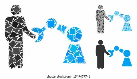 Robotics handshake composition of rough parts in variable sizes and color hues, based on robotics handshake icon. Vector abrupt dots are composed into composition.
