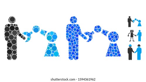 Robotics handshake mosaic of filled circles in different sizes and color tones, based on robotics handshake icon. Vector filled circles are organized into blue mosaic.