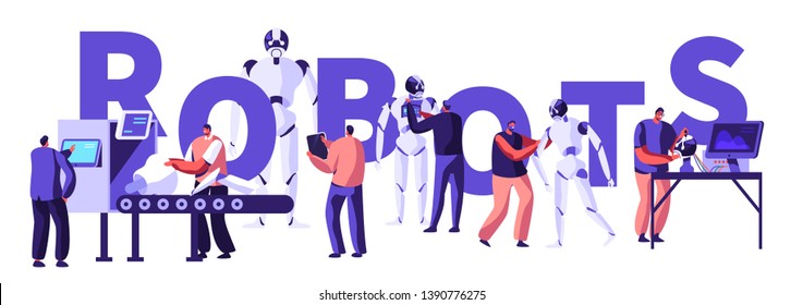 Robotics Hardware and Software Engineering in Laboratory with Hi-Tech Equipment Concept. Engineers Making and Programming Robots, Ai Poster, Banner, Flyer, Brochure. Cartoon Flat Vector Illustration