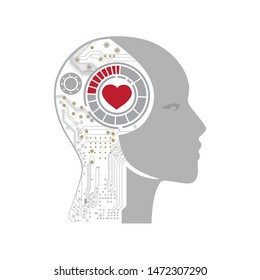 robotics head with red heart, vector graphic design element 