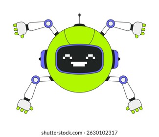 Robotics helper with pixelated smile 2D onboarding ui illustration. Round robot with multiple arms. Mascot technology. Friendly AI cartoon concept isolated on white. Flat abstract vector metaphor