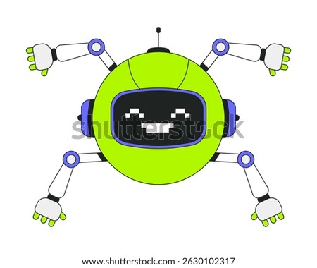 Robotics helper with pixelated smile 2D onboarding ui illustration. Round robot with multiple arms. Mascot technology. Friendly AI cartoon concept isolated on white. Flat abstract vector metaphor