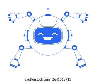 Robotics helper with pixelated smile line onboarding ui illustration. Round robot with multiple arms. Mascot technology. Friendly AI outline blue 2D concept isolated. Monochrome metaphor vector art