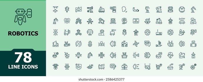 Robotics icon collection. Contains such icons as industrial, engineer, automation, element, hand, robot and more. Simple icon designs. Editable stroke. Vector illustration.