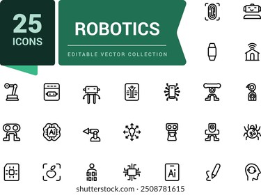Robotics icon set. Ai technology icons for machine learning, digital AI technology. Pixel perfect, minimalistic web and UI icon. Outline icon collections.