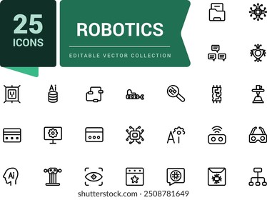 Conjunto de ícones robóticos. Ícones de tecnologia Ai para aprendizagem de máquina, tecnologia de IA digital. Pixel perfeito, minimalista web e ícone UI. Contornar coleções de ícones.