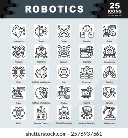 Robotics icon set containing Innovation, Brain, Vision, Robot, Analysis, Algorithm, Network, Big Data, Chip, Coding, Artificial Intelligence icon. Simple line vector