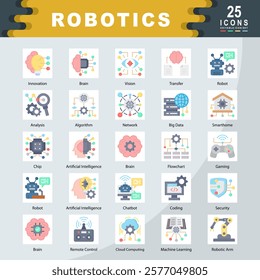 Robotics icon set containing Innovation, Brain, Vision, Robot, Analysis, Algorithm, Network, Big Data, Chip, Coding, Artificial Intelligence icon. Simple flat vector