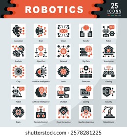 Robotics icon set containing Innovation, Brain, Vision, Robot, Analysis, Algorithm, Network, Big Data, Chip, Coding, Artificial Intelligence icon. Simple vector illustration