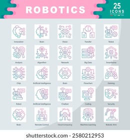 Robotics icon set containing Innovation, Brain, Vision, Robot, Analysis, Algorithm, Network, Big Data, Chip, Coding, Artificial Intelligence icon. Simple gradient vector illustration