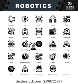 Robotics icon set containing Innovation, Brain, Vision, Robot, Analysis, Algorithm, Network, Big Data, Chip, Coding, Artificial Intelligence icon. Simple black vector