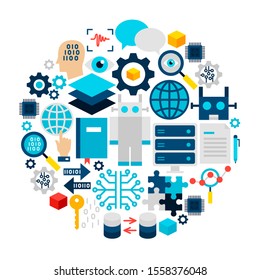 Robotics Icons Circle. Vector Illustration of Technology Flat Objects isolated over White.