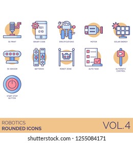 Robotics icons including 3d print, binary code, specifications, motor, solar energy, sensor, batteries, robot zone, auto task, automatic control, start stop button.
