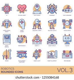 Robotics icons including ai, techno heart, test dummy, spiderbot, mini submarine, mono wheel robot, smart human, turret, scout, missile mech, manual, maintenance, coding, repair, blueprint, protoboard