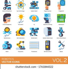 Robotics icons including electric wheelchair, eye technology, fighter robot, finger scanner, fingerprint, future eyeglasses, innovation, IQ, machine learning, mainboard, maintenance, mini-submarine.