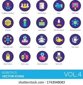 Robotics icons including intelligence quotient, robot army, specification, motor, zone, 3d sensor, batteries, solar energy, start stop system, automatic control, automation task, musician, space.