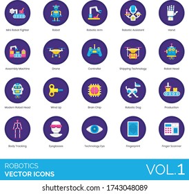 Robotics icons including mini robot fighter, arm, assistant, hand, assembly machine, drone, controller, shipping, modern head, wind up, brain chip, production, body tracking, eyeglasses, fingerprint.