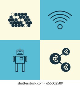 Robotics Icons Set. Collection Of Algorithm Illustration, Wireless Communications, Hive Pattern And Other Elements. Also Includes Symbols Such As Communication, Illustration, Robot.