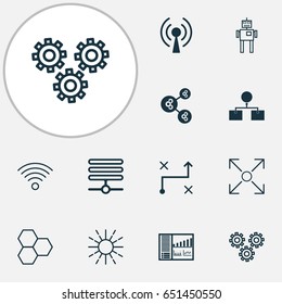 Robotics Icons Set. Collection Of Analysis Diagram, Mechanism Parts, Lightness Mode And Other Elements. Also Includes Symbols Such As Illustration, Arrow, Robot.