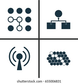 Robotics Icons Set. Collection Of Computing Problems, Radio Waves, Hive Pattern And Other Elements. Also Includes Symbols Such As Wireless, Data, Design.