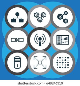 Robotics Icons Set. Collection Of Controlling Board, Variable Architecture, Algorithm Illustration And Other Elements. Also Includes Symbols Such As Shared, Illustration, Gear.