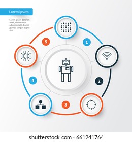 Robotics Icons Set. Collection Of Cyborg, Lightness Mode, Wireless Communications And Other Elements. Also Includes Symbols Such As Cycle, Wireless, Brightness.