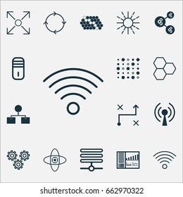 Robotics Icons Set. Collection Of Hive Pattern, Mechanism Parts, Information Base And Other Elements. Also Includes Symbols Such As Arrow, Brightness, Hive.