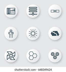 Robotics Icons Set. Collection Of Information Components, Lightness Mode, Laptop Ventilator And Other Elements. Also Includes Symbols Such As Linked, Regulation, Cogwheels.