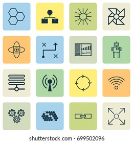 Robotics Icons Set. Collection Of Information Components, Controlling Board, Analysis Diagram And Other Elements. Also Includes Symbols Such As Arrow, Brightness, Wireless.