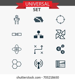Robotics Icons Set. Collection Of Information Components, Hive Pattern, Radio Waves And Other Elements. Also Includes Symbols Such As Cpu, Linked, Shared.
