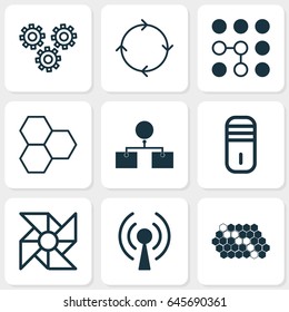 Robotics Icons Set. Collection Of Mechanism Parts, Mainframe, Hive Pattern And Other Elements. Also Includes Symbols Such As Hive, Cycle, Solution.