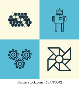 Robotics Icons Set. Collection Of Mechanism Parts, Hive Pattern, Laptop Ventilator And Other Elements. Also Includes Symbols Such As Fan, Hive, Data.