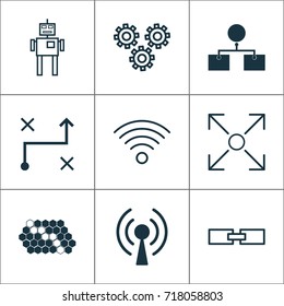 Robotics Icons Set. Collection Of Solution, Branching Program, Radio Waves And Other Elements. Also Includes Symbols Such As Network, Wi-Fi, Arrow.