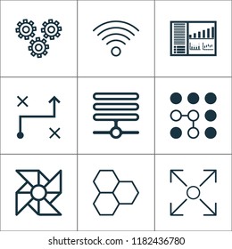 Robotics icons set with computational complexity, wi-fi, algorithm and other branching program  elements. Isolated vector illustration robotics icons.