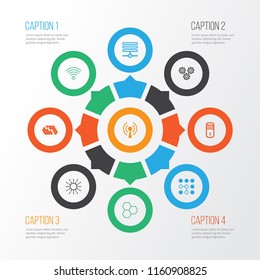 Iconos de robótica con base de datos, wi-fi, regulación de brillo y otros Elementos de base de información. Iconos de robótica de Ilustración vectorial aislados.