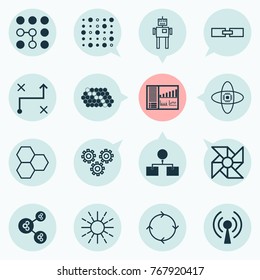 Robotics icons set with mechanism parts, laptop ventilator, atomic cpu and other solution elements. Isolated vector illustration robotics icons.