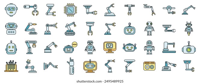 Los iconos de robótica establecen el Vector de contorno. Tecnología inteligente. Ambos colores de la línea delgada futura plana en blanco