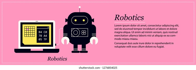 Robotics illustration. Elegant flat style on pink background. Artificial intelligence, programming, mechanical bot.
