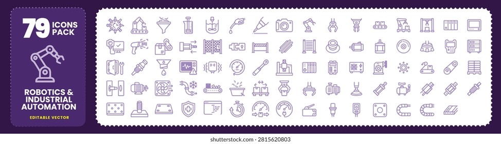 Robotics and industrial automation vector icon set, clean uncluttered signature style UI elements for manufacturing and AI factory