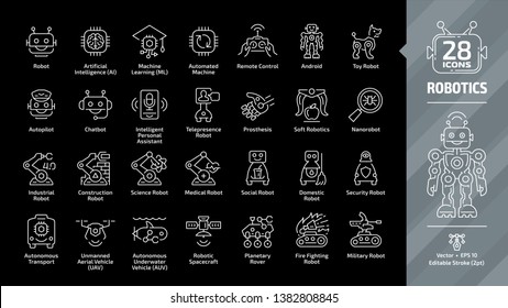 Robotics industry editable stroke outline icon set on a black background with autopilot, chatbot, intelligent personal assistant, tele presence, prosthesis, soft and nano robot tech line sign.