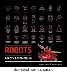 Robotics industry outline icon set on a black background with flat red fire fighting robot: artificial intelligence, machine learning, intelligent personal assistant & more editable stroke line signs.