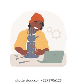 Robotics isolated cartoon vector illustration. Joyful teenage boy experimenting with humanoid robotic hand while learning new skills, teens hobby, leisure time with pleasure vector cartoon.